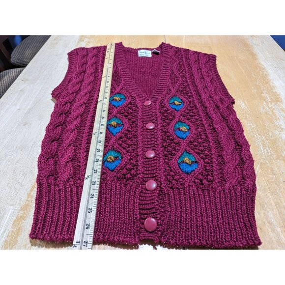 Weathervane hand knit Vintage Burgundy Blue Sleeveless Cardigan Size Large - Picture 8 of 8